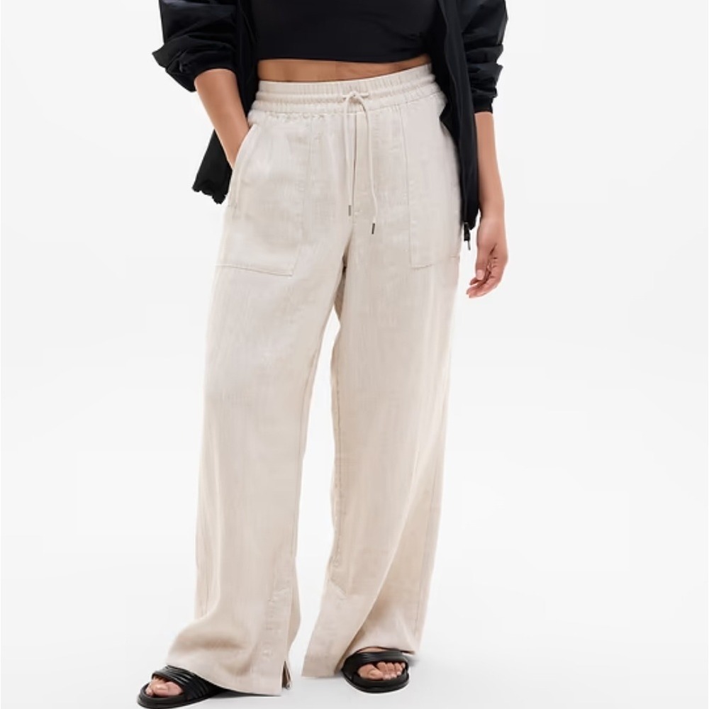 Athleta Retreat Linen High Rise Wide Leg Pants Sz 1X Plus Nautral‎ Split Hem